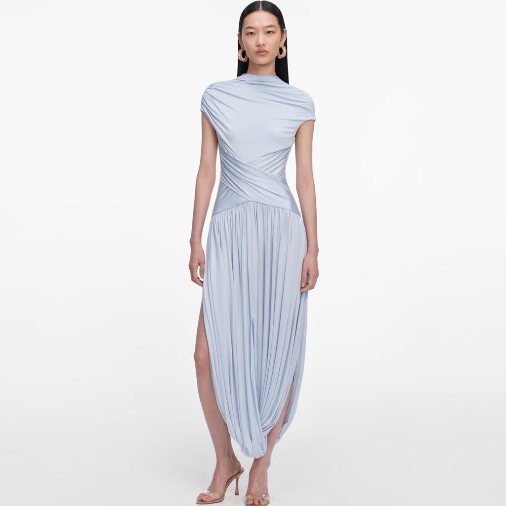 Self-Portrait New Blue Jersey Gathered Midi Dress